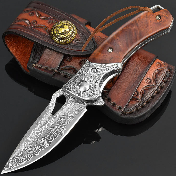 NedFoss Heron Damascus Pocket Knife, 2.75" VG10 Damascus Steel Blade and Sandalwood Handle, Comes with Retro Leather Sheath, Excellent Gifts