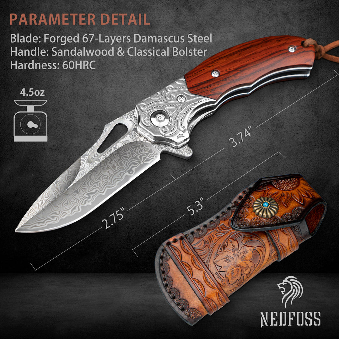 NedFoss tiger-shark 2.75 Damascus Pocket Knife with Engraved