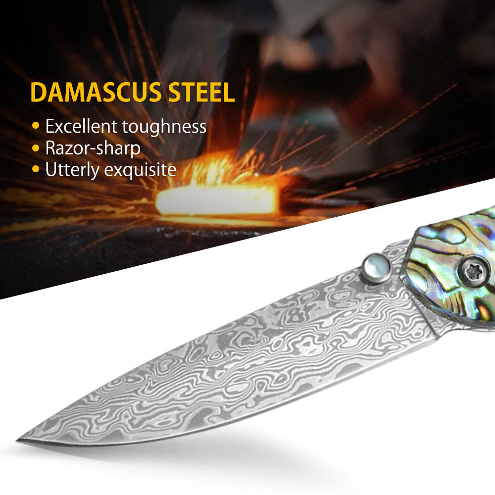 NedFoss Polar-Bear Damascus Pocket Knife with 2.5" Blade and Abalone Shell Handle