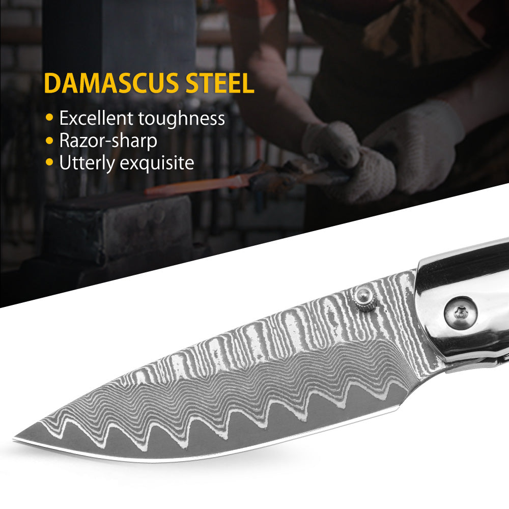 NedFoss Swordfish 2.8" Damascus Pocket Knife, VG10 Damascus Steel Blade and Sandalwood Handle
