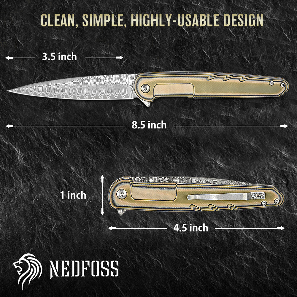 NedFoss Dragonfly Damascus Pocket Knife, 3.5" Damascus Steel Blade Flipper with G10 Handle