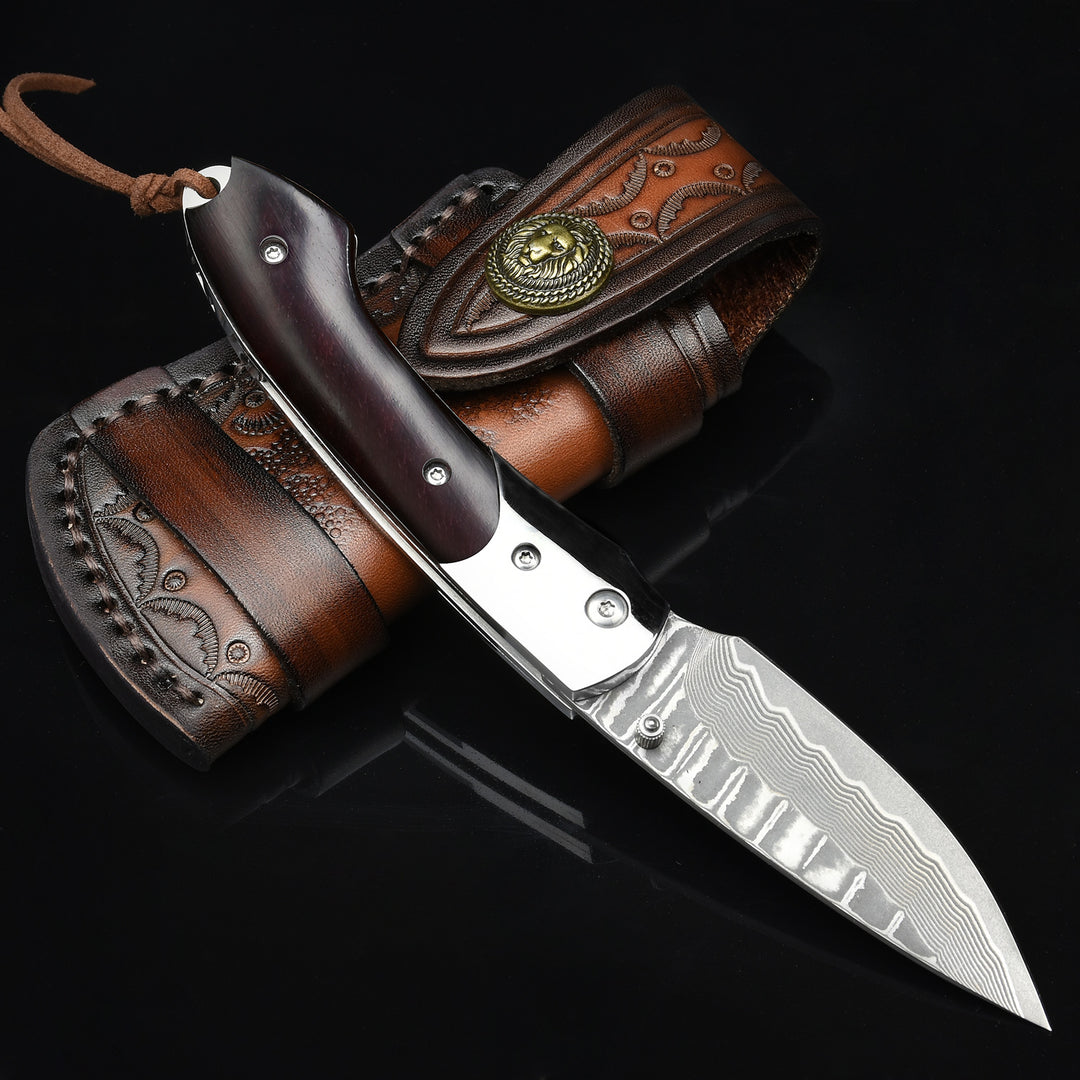 Swordfish Damascus Pocket Knife, VG10 Damascus Steel Blade and Sandalwood Handle