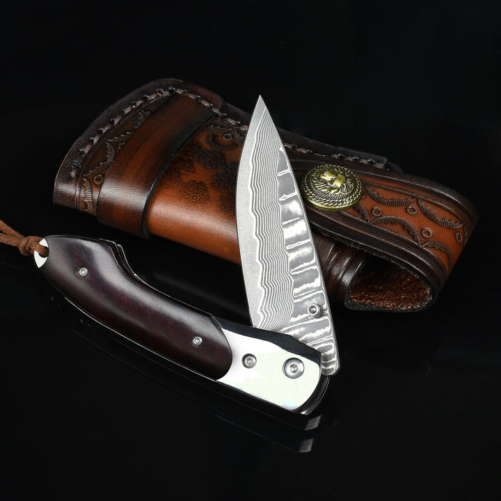 Swordfish Damascus Pocket Knife, VG10 Damascus Steel Blade and Sandalwood Handle