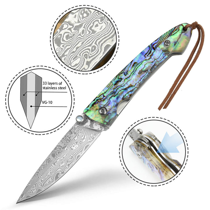 Polar-Bear Damascus Pocket Knife with Abalone Shell Handle – NedFoss Knife