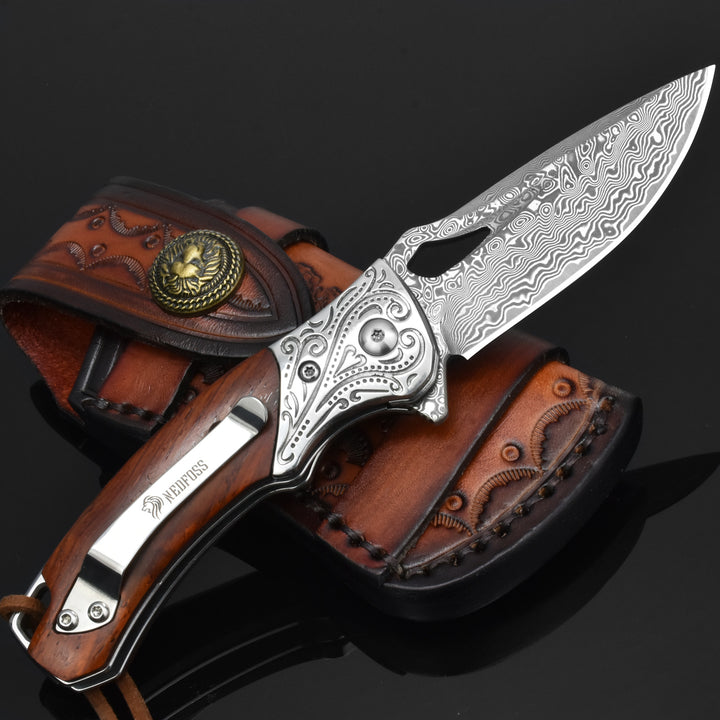 NedFoss Heron Damascus Pocket Knife, 2.75" VG10 Damascus Steel Blade and Sandalwood Handle, Comes with Retro Leather Sheath, Excellent Gifts