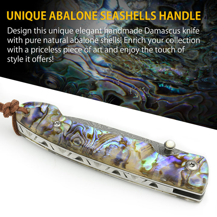 Polar-Bear Damascus Pocket Knife with Abalone Shell Handle