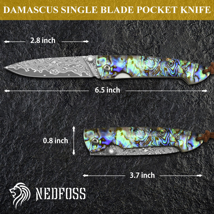 NedFoss Damaskus Taschenmesser mit Griff aus Abalone-Muschel