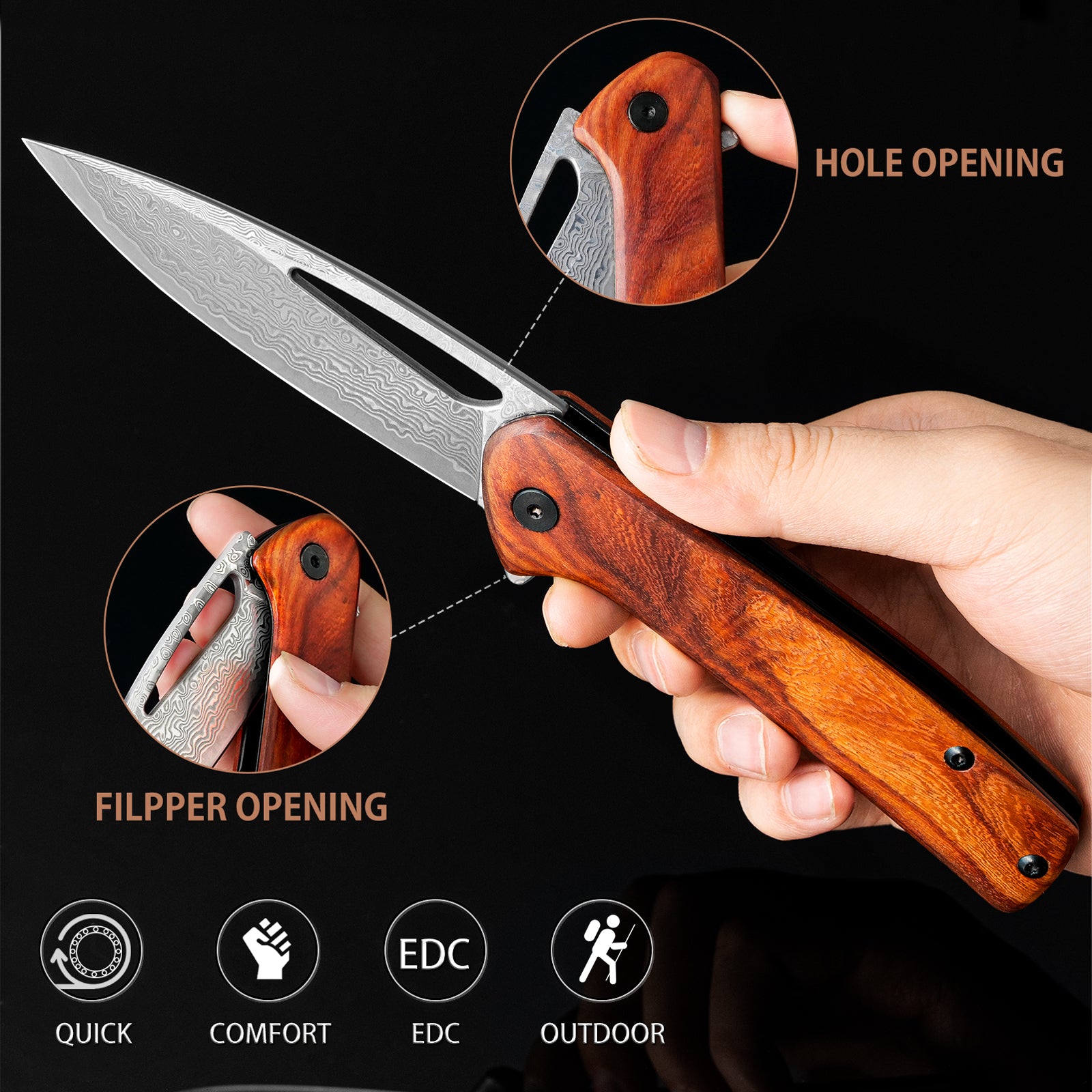 NedFoss Mustang Damascus Pocket Knife with Rosewood Handle
