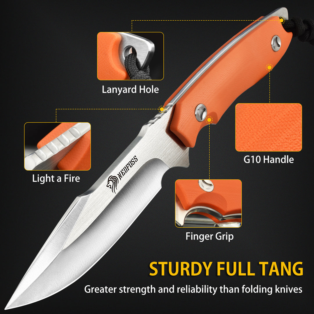 Free-Wolf Fixed Blade Survival Knife with 5Cr13Mov Blade and G10 Handle, Comes With Fire Starter and Kydex Sheath