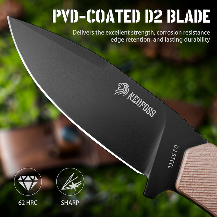 NedFoss Boar 3.9" Fixed Blade Knfie,  D2 Steel Full Tang Bushcraft Survival Knife with  G10 Handle, Comes With a Fire Starter and Leather Sheath
