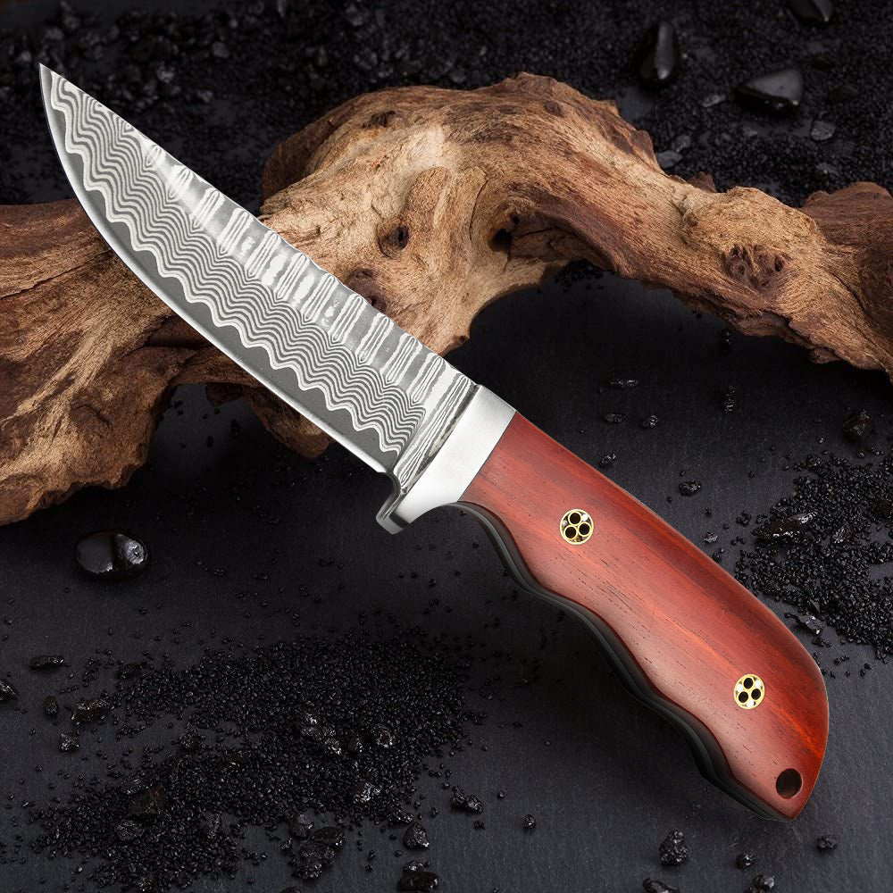 NedFoss Hunter Damascus Fixed Blade Knife, 3.4’‘ VG10 Damascus Steel Blade and Sandalwood Handle, Comes with Retro Leather Sheath