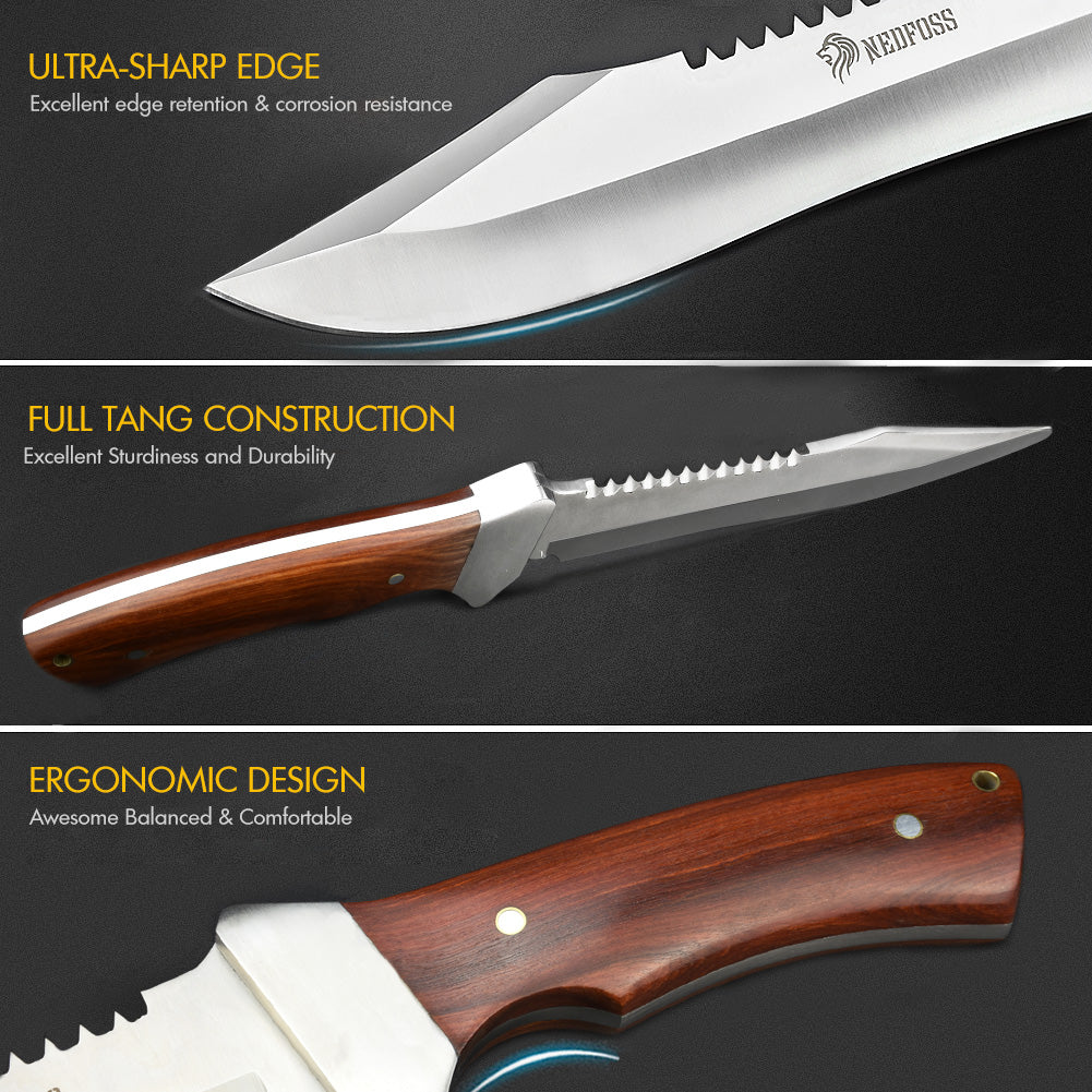 NedFoss Jungle-King 7.16'' Full tang Fixed Blade Bowie Knife, Bushcraft Knives, Sturdy and Durable