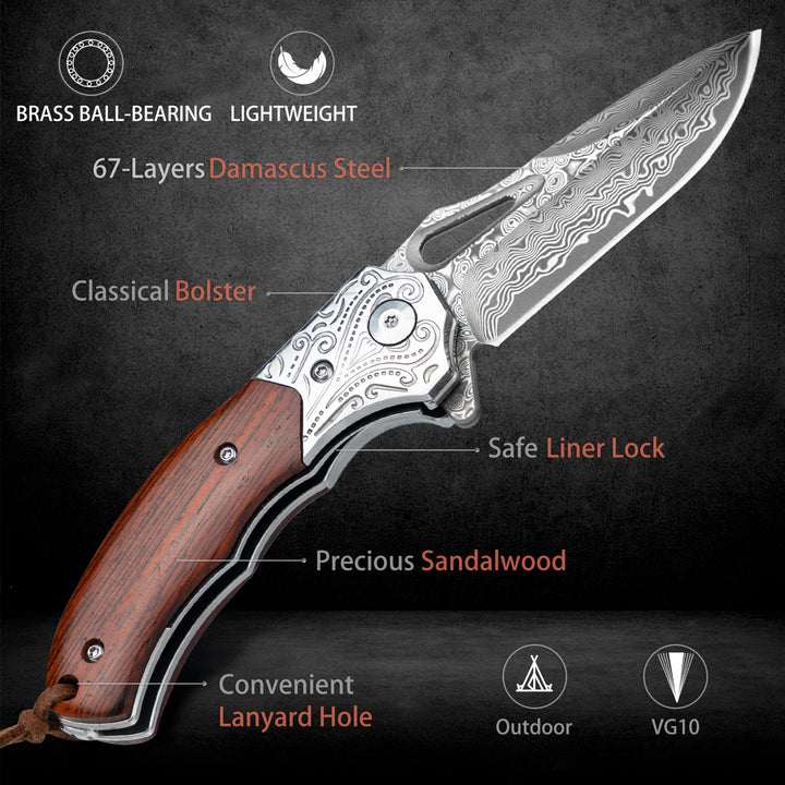NedFoss tiger-shark 2.75" Damascus Pocket Knife with Engraved Pattern and Sandalwood Handle