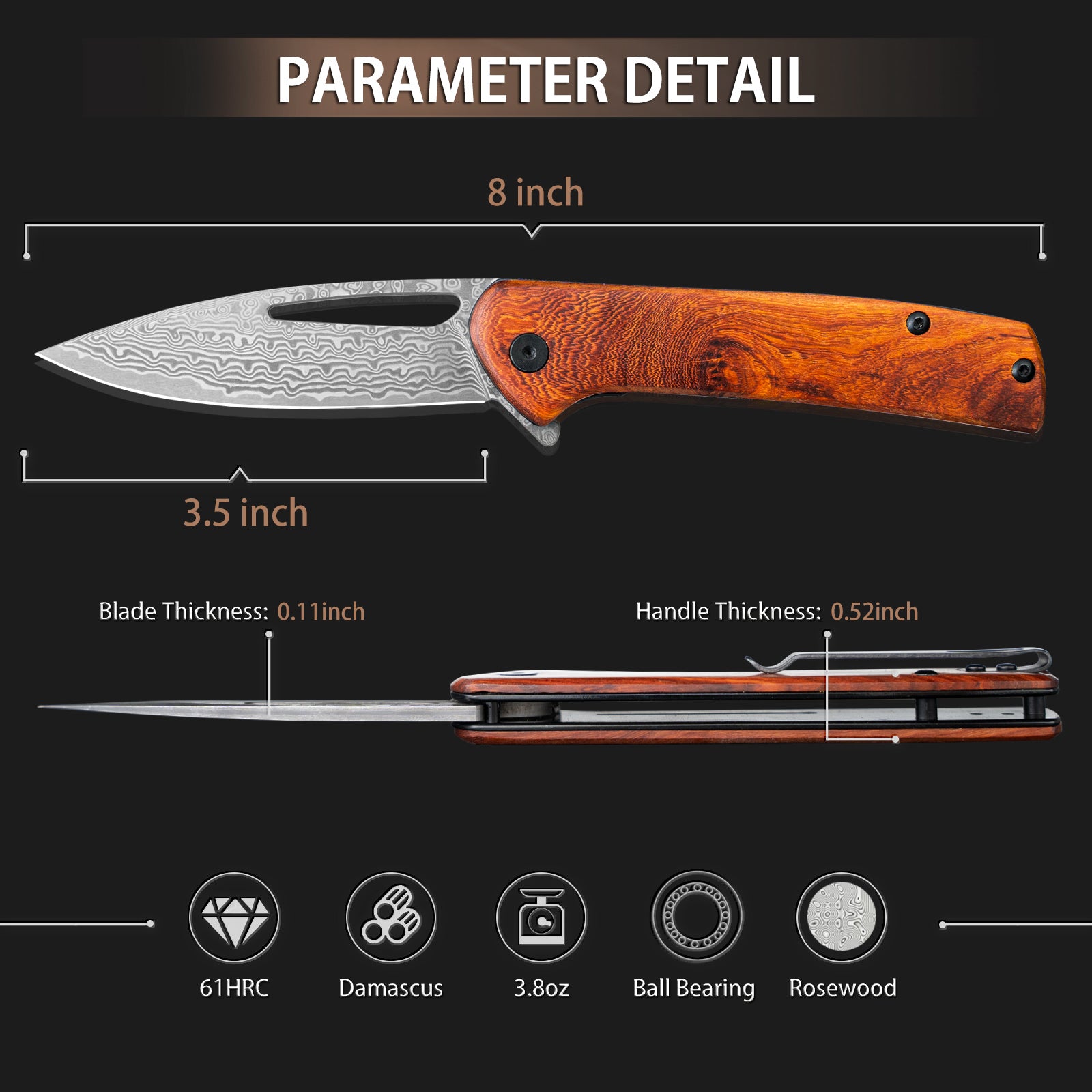 NedFoss Mustang Damascus Pocket Knife with Rosewood Handle
