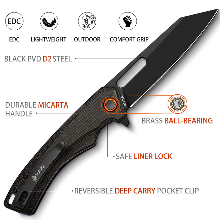 NedFoss Taschenmesser, 3,5-Zoll-Taschenmesser aus D2-Stahl für Herren, Federunterstütztes Öffnungsmesser mit Clip, langlebiger Micarta-Griff