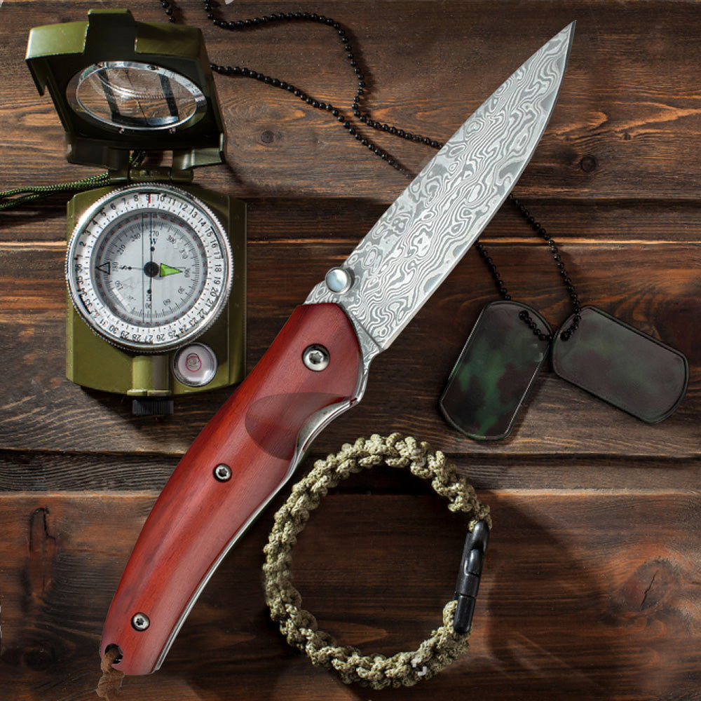 NedFoss Polar-Bear Damascus Pocket Knife with 2.5'' Damascus Steel Blade